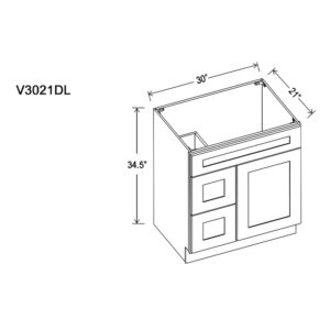 Vanity Combo Base – Two Drawers, One Door, One False Drawer Front|Size VS3021"|DL= Drawers Left | DR= Drawers Right|30" W x 21"D x 34.5" H|Multiple Colors|