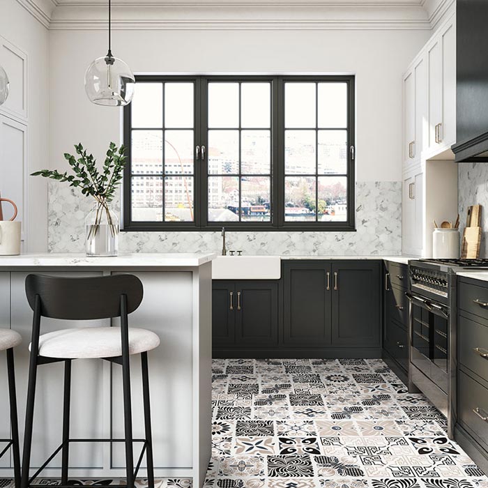 A beutiful kitchen featuring luxury vinyl tile and our premium cabinets and pulls.