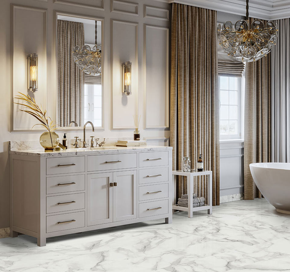 A high-end bathroom featuring one of our ready-to-assemble vanities