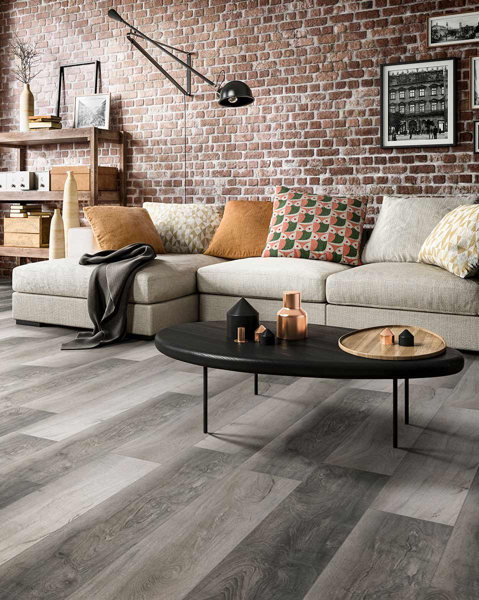 A loft living space with luxury vinyl plank floor