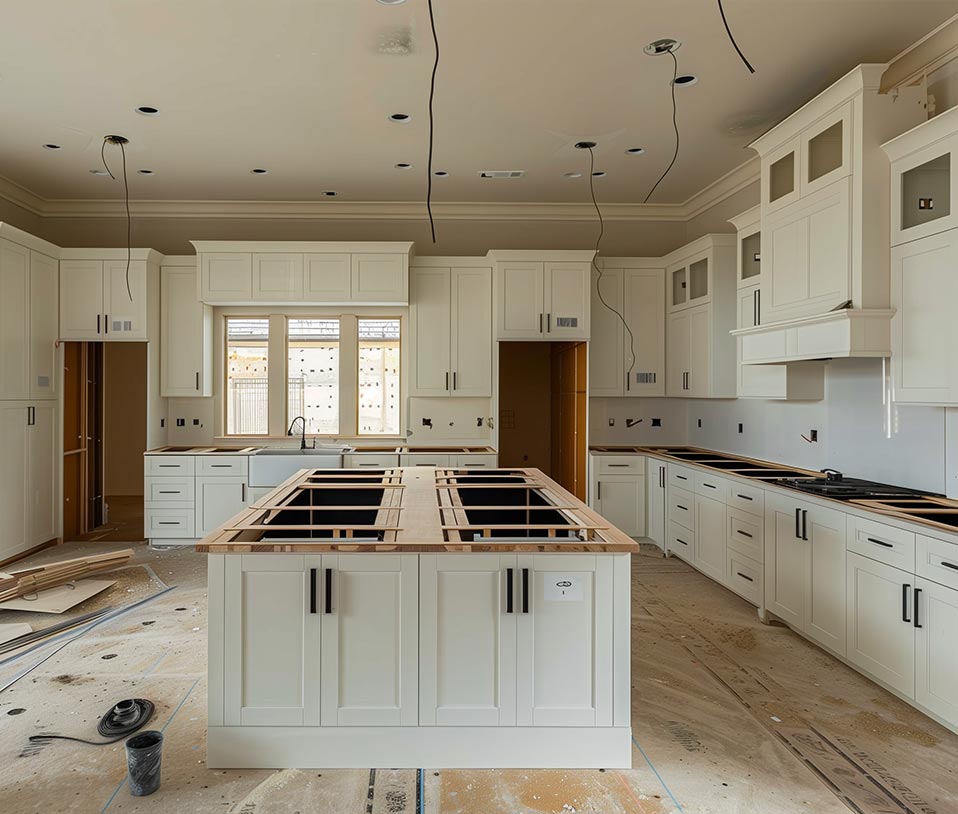 A large kitchen with many cabinets in the process of being renovated